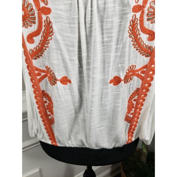 Free People Top Women XS White Orange Embroidered Boho Keyhole Cotton - Picture 7 of 14